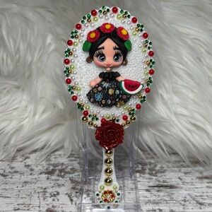 Hand Crafted Floral Makeup Brush with Red and Green Accents